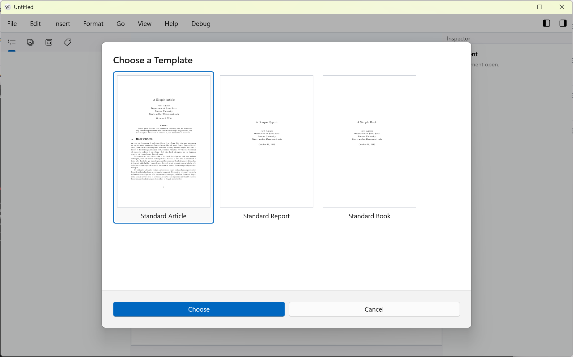 Windows document template picker with Standard Article, Standard Report, and Standard Book templates