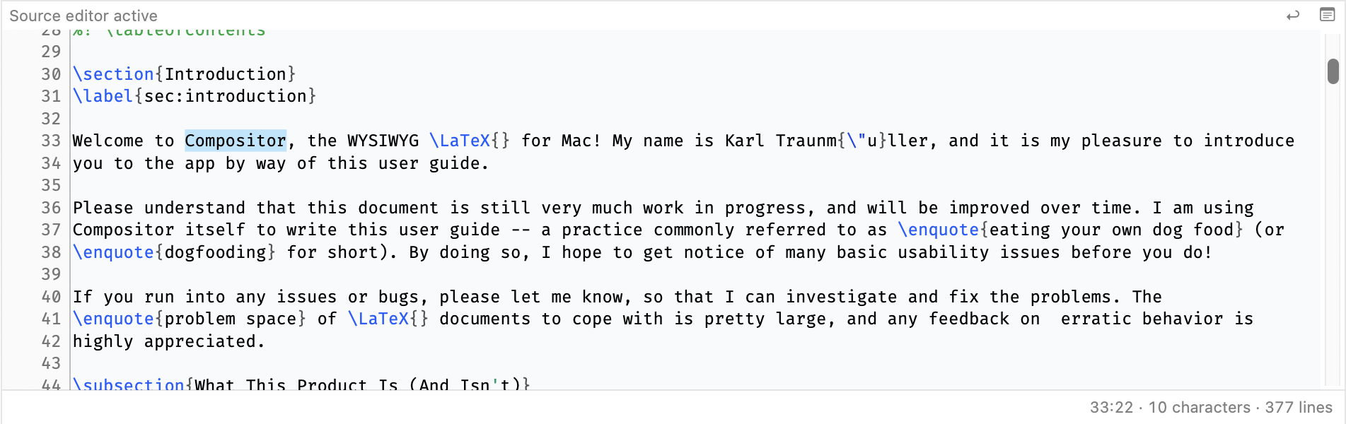 Source editor status line showing the current line, column, selection length, and total line count